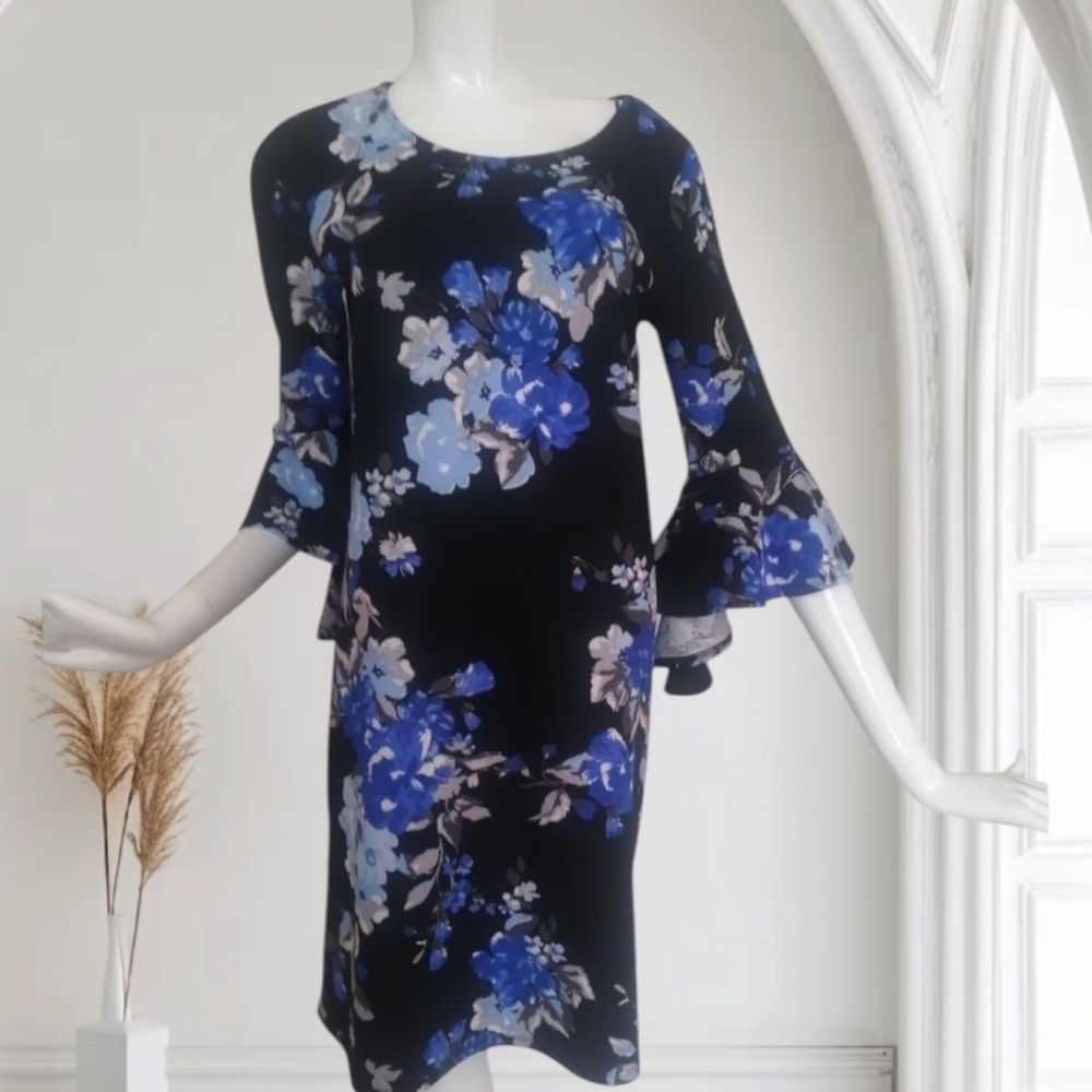 Blue and Gray Sheath Dress with 3/4 Bell Sleeves